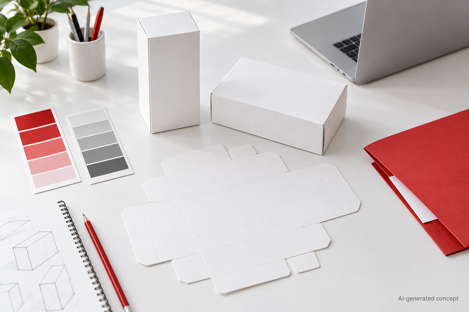 AI-generated packaging concept with blank cartons and colour swatches for an OEM or ODM brief