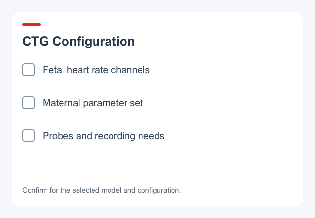 Checklist for fetal channels, maternal parameters and CTG recording requirements