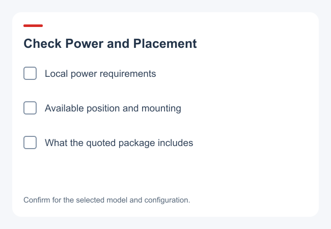 Checklist for local power, placement and included mounting items