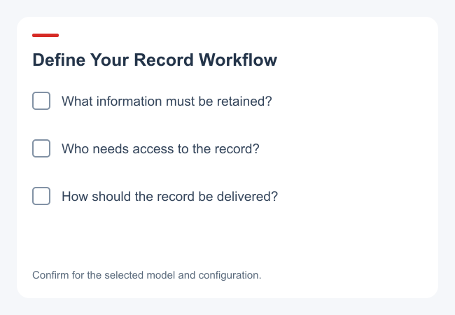 Checklist for information to retain, record access and required delivery method