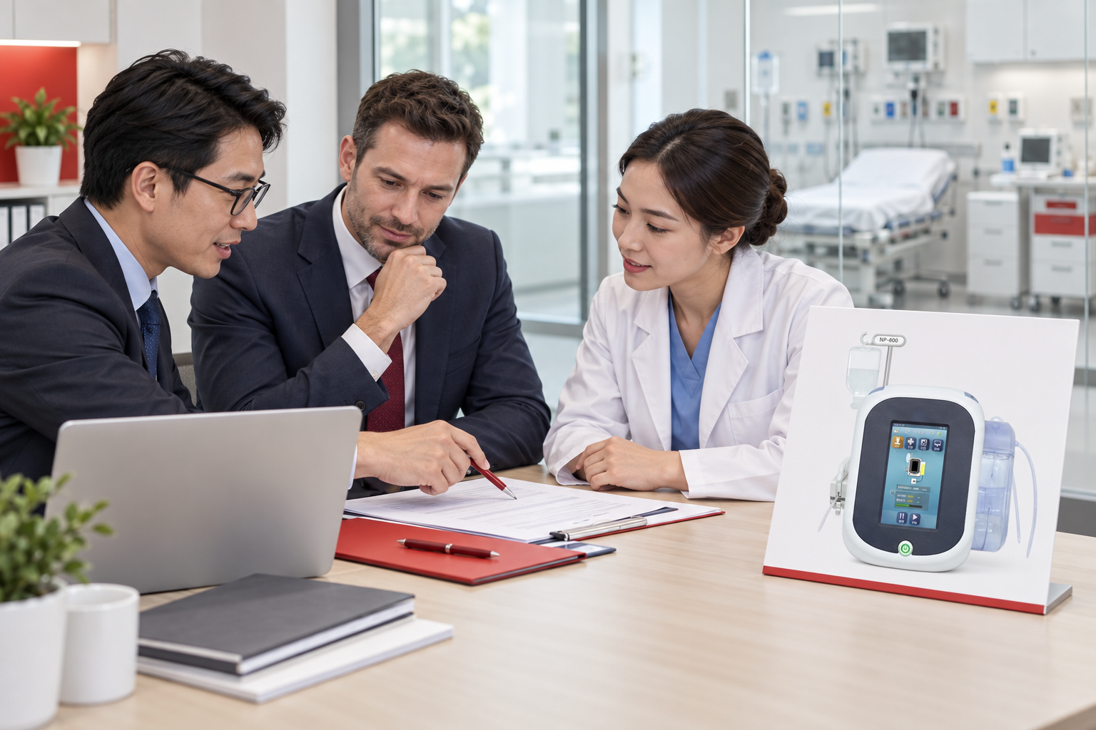 AI-generated hospital procurement discussion with an NP-800 product-reference display