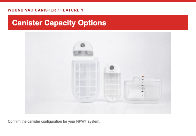 Wound vac canister product range with three different canister sizes