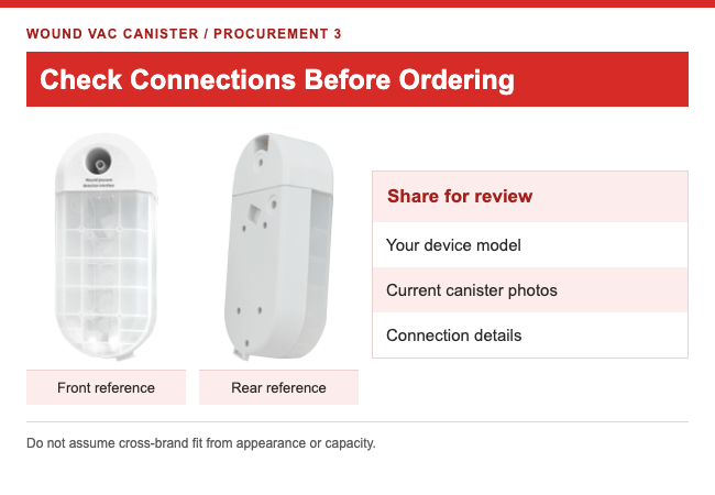 Front and rear canister reference views beside a request for device model and current connection photos
