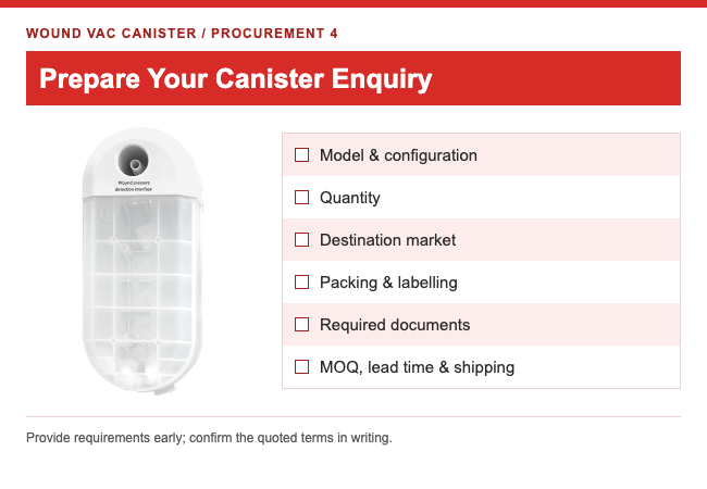 Canister photograph beside a procurement checklist for model, quantity, destination, packing, documents and delivery