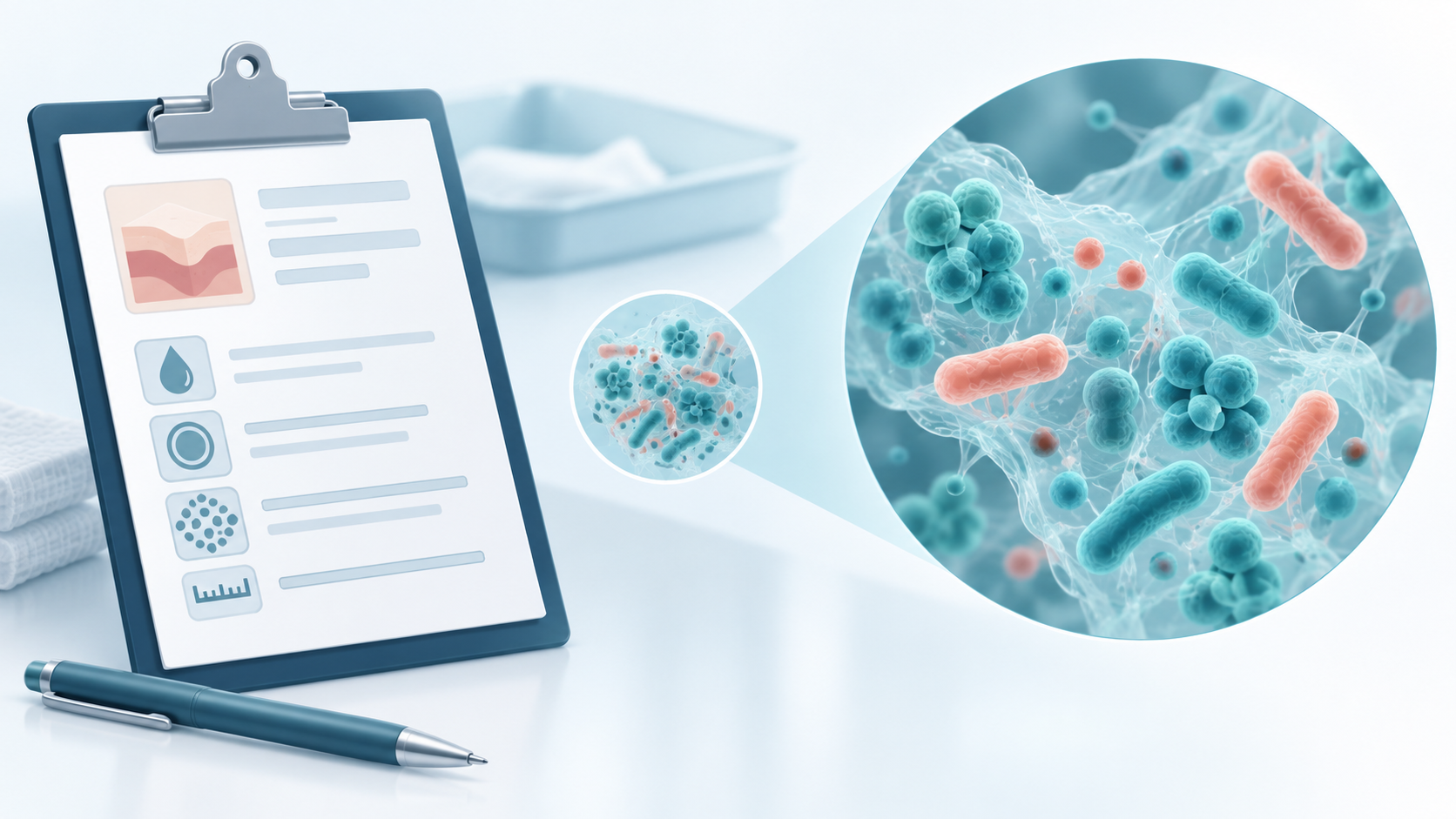 Educational illustration of a generic wound-biofilm concept and clinical documentation; not a diagnosis or treatment outcome.